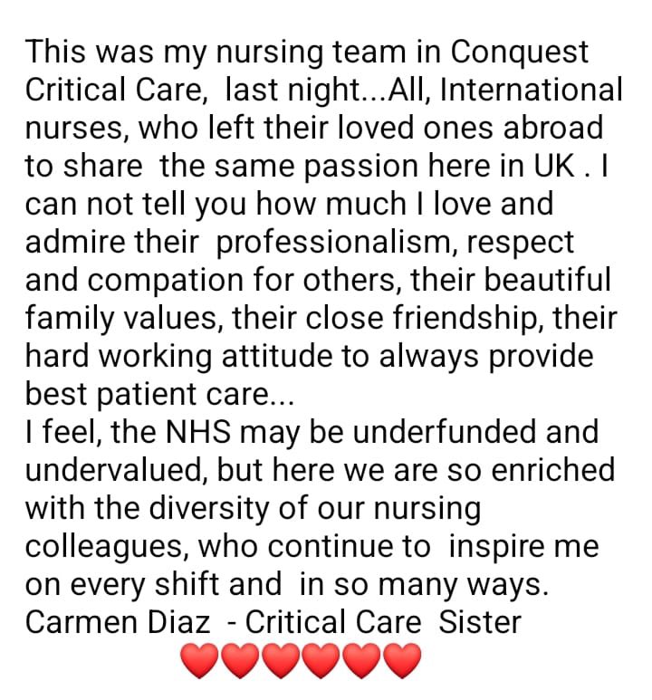 A message from our nurse Carmen 🥰🇳🇪🇵🇭🇪🇸🇪🇪🇲🇺🇿🇦❤️
#CriticalCare #Nursing #international #Conquest <a href="/ESHTNHS/">East Sussex Healthcare NHS Trust</a>