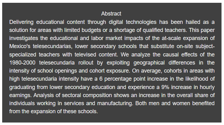 📅Today, 23.01.24, @Lnavarrosola from @IIES_Sthlm @Stockholm_Uni will present 'Broadcasting Education at Scale: The Long-Term Labor Market Effects of Television-Based Schools' in the Potsdam Research Seminar in Economics.