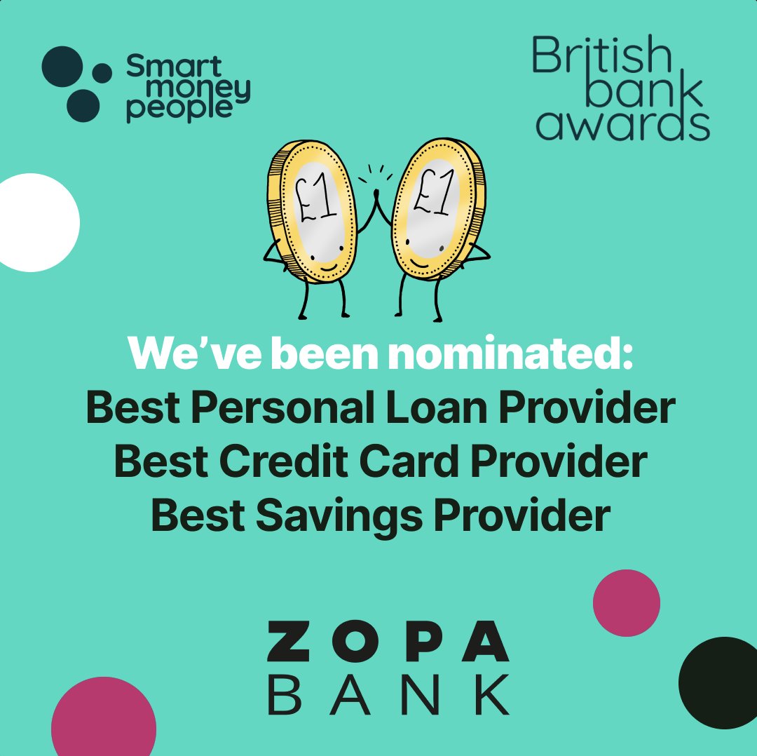 🎉In case you missed it, Zopa Bank has been nominated AGAIN for 3 awards for the British Bank Awards 2024 💚 You could help us win by voting here: smartmoneypeople.com/british-bank-a… before the 16th April 💸 By voting, you'll also be in with a chance of winning £1,000 from Smart Money People