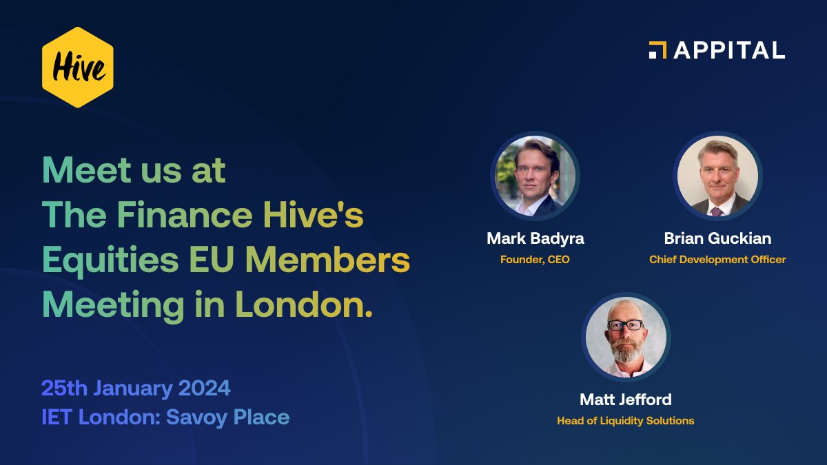 We are attending the @TheFinanceHive's Equities EU Members Meeting in London on Thursday, 25 January, to talk to leaders of the equities trading community about unlocking latent liquidity. Connect with us if you’re attending!