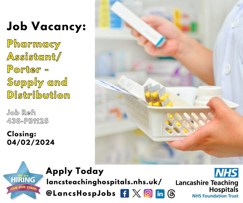 Job Vacancy: Pharmacy Assistant/Porter - Supply and Distribution @LancsHospitals ⏰Closes: 04/02/24 Read more and apply: lancsteachinghospitals.nhs.uk/join-our-workf… #NHS #NHSjobs #Lancashire #lancashireJobs #Preston #Pharmacy @pharmacylthtr