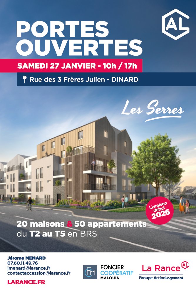 🏡🌿 Portes ouvertes "LES SERRES" à DINARD - Le samedi 27 janvier de 10h à 17h - Rue des 3 frères Julien, Dinard

Vous souhaitez devenir propriétaire ?

Venez découvrir votre futur appartement (du T2 au T4) ou maison (du T3 au T5) accessible en Bail Réel Solidaire (BRS).