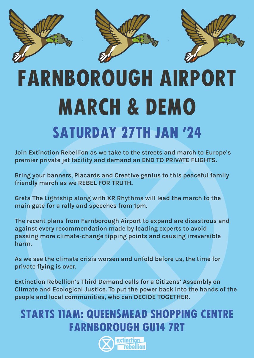 ✊️ This Saturday 27th Jan at 11am in Farnborough. 
✈️ Come and join us, marching alongside many other environmental groups to demand an end to private jets!
#BanPrivateJets
#FlyingToExtinction