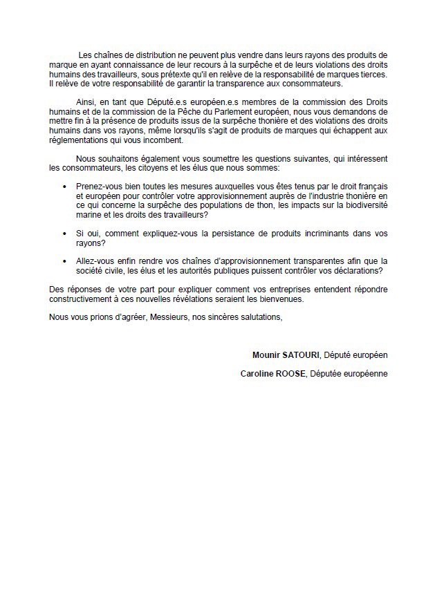 CarolineRooseEU's tweet image. ⚠️🐟Du thon en boîte issu de la #surpêche et de violations des #droitshumains est toujours vendu dans les supermarchés.

Suite au rapport de @Bloom_FR, avec @MounirSatouri nous avons interpellé les groupes de la grande distribution sur leur #devoirdevigilance ‼️