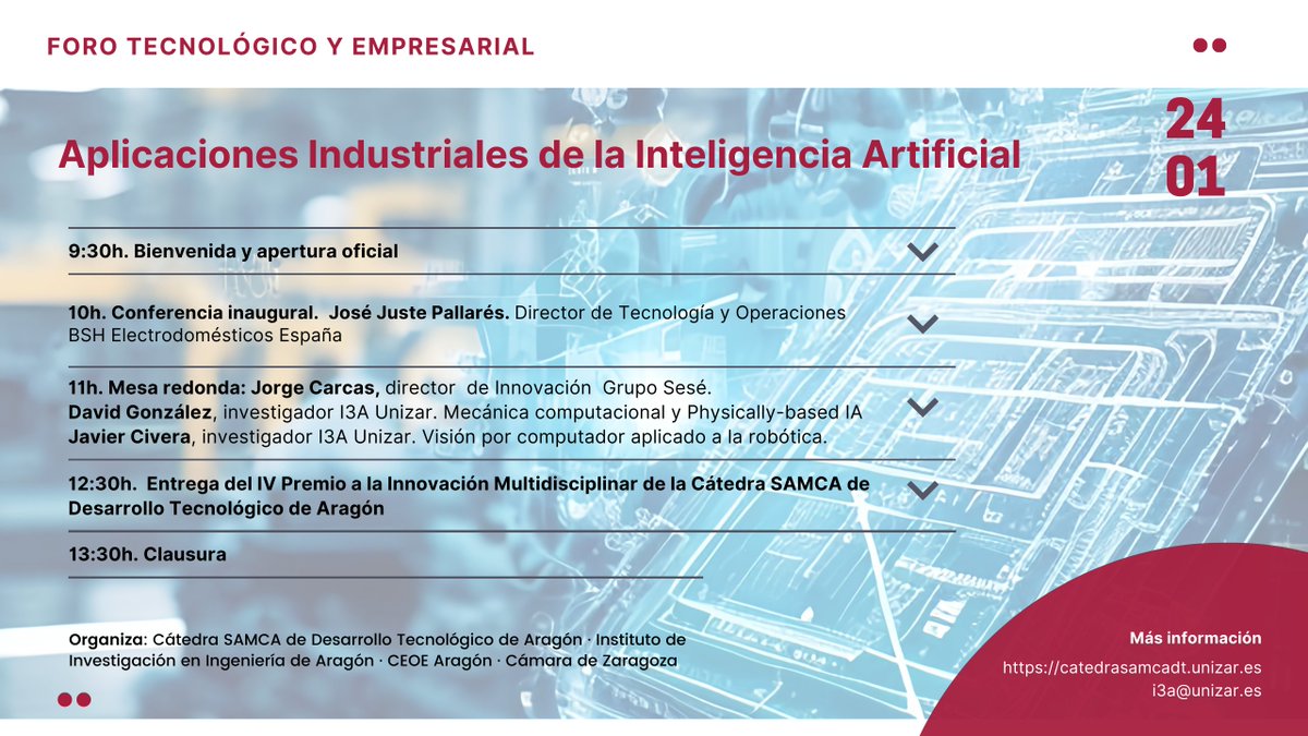I3Aunizar's tweet photo. 📢Todavía estás a tiempo de participar en el Foro Tecnológico y Empresarial #ForoI3A que mañana (24/01) celebramos en @CEOEAragon
☑️Aplicaciones industriales de la Inteligencia Artificial
#CatedraSAMCAdt
📝https://t.co/qsj2ttM12G https://t.co/PS9IzMo6JC