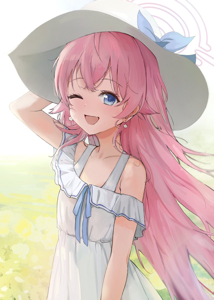 hoshino (blue archive) 1girl one eye closed hat pink hair solo dress long hair  illustration images