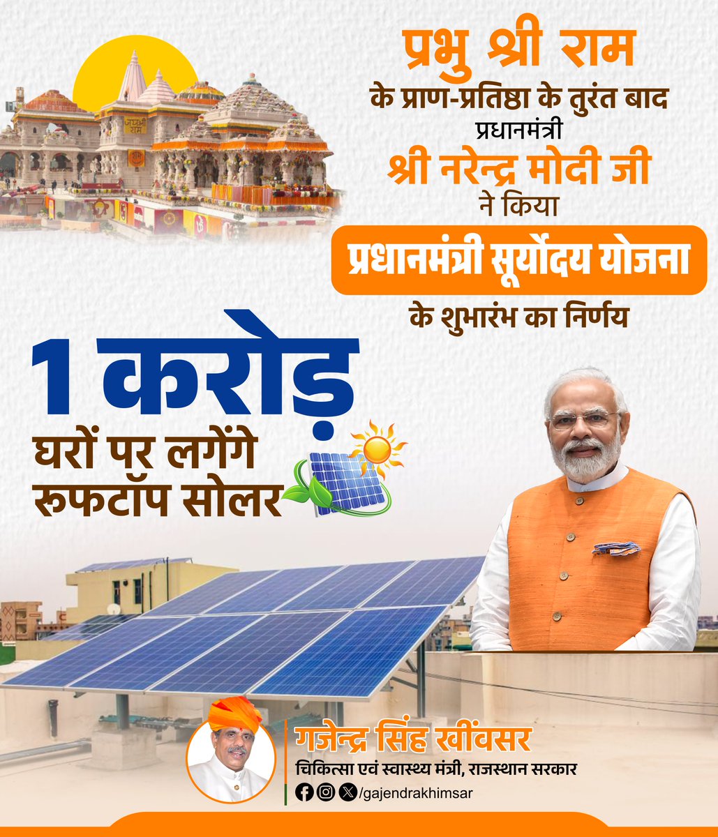 राम ऊर्जा, सौर ऊर्जा..

अब हर घर सोलर से हर आंगन होगा रोशन!

श्री रामलला की ऐतिहासिक प्राण प्रतिष्ठा के बाद मोदी सरकार ने 'प्रधानमंत्री सूर्योदय योजना' की शुरुआत की।

इस योजना के तहत सरकार 1 करोड़ घरों पर रूफटॉप सोलर लगाएगी।

#PMSuryodayYojana #solarpower #RooftopSolar #modigovt