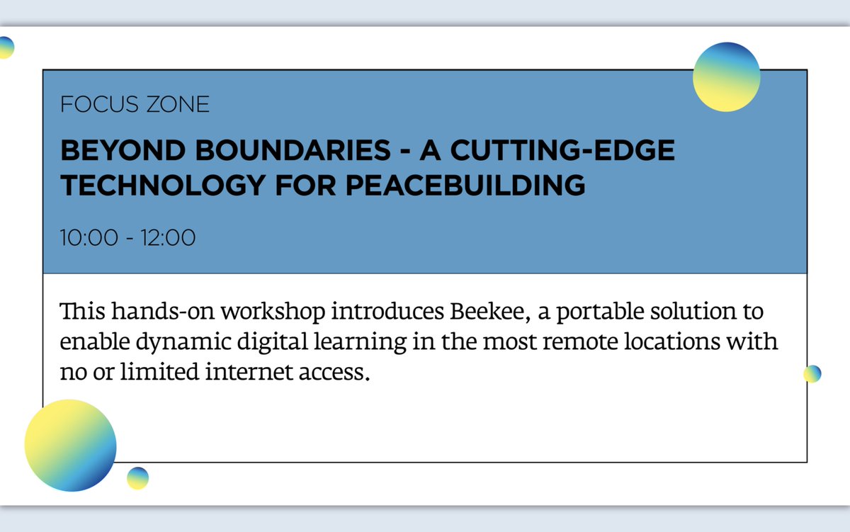 Join us at the <a href="/baselpeaceforum/">Basel Peace Forum</a> this Thursday! 🌍 Our co-founder <a href="/seandres/">Sergio Estupiñán</a> will lead a workshop on Beekee's journey in bringing digital education to no-internet, power-challenged areas. Featuring #AfghanWomenSupport <a href="/MosaikEducation/">Mosaik Education</a> <a href="/MSF_Suisse/">MSF Suisse</a> <a href="/ASUed4humanity/">ASU Education for Humanity</a> #BPF2024
