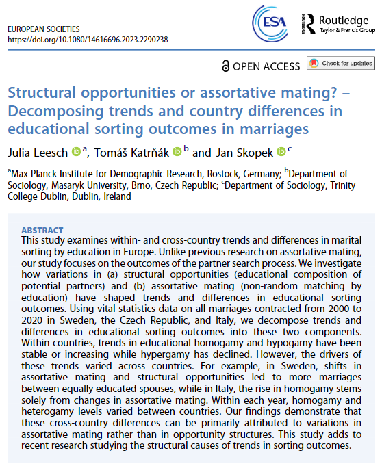 Why does educational homogamy in marriages vary across time and space? Our publication with <a href="/TomasKatrnak/">Tomáš Katrňák</a>  and Jan Skopek leads to a new finding: Cross-country differences in ‘who marries whom’ are mainly linked to variations in assortative mating. tinyurl.com/5chp757n