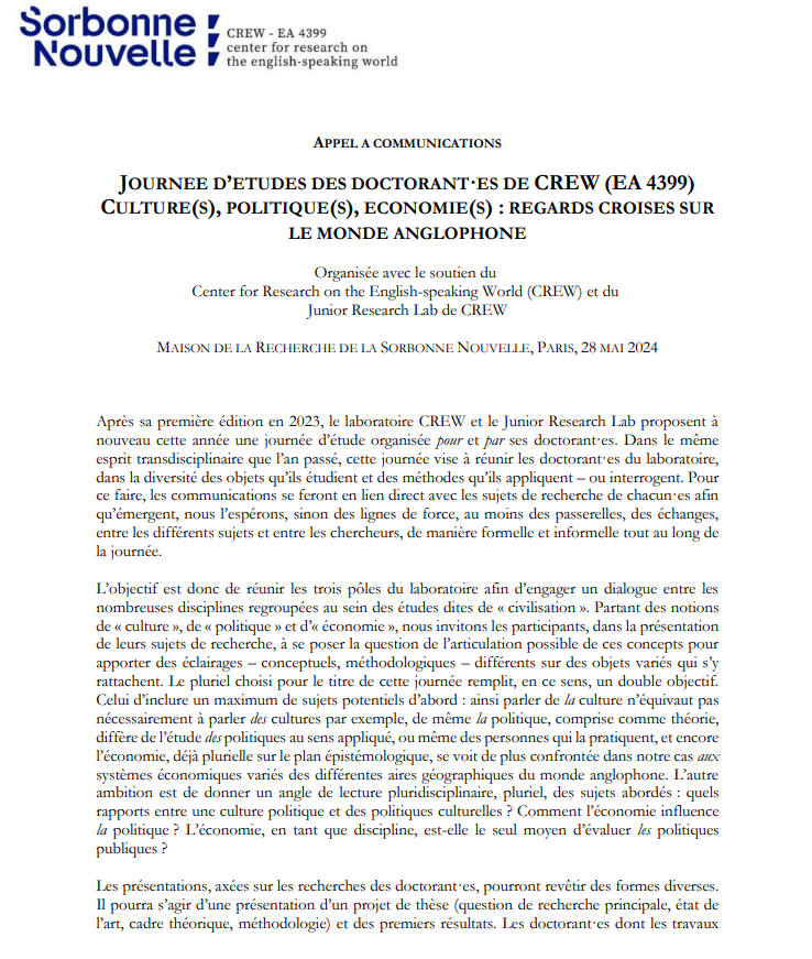 JRLCREWUSN's tweet photo. 🗣️📢
Vous êtes doctorant.e de CREW, souhaitez présenter vos recherches et bénéficier de retours de la part de chercheur.e.s confirmé.e.s ? Envoyez-nous vos propositions de communication avant le 16 février !
@crewparis3 @USN_Recherche https://t.co/qAA9R8BRRm