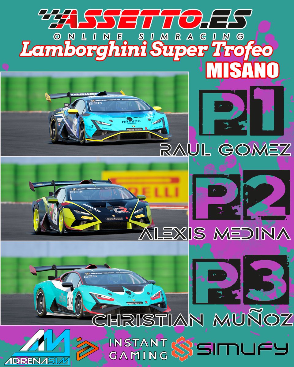📢 Podio en Misano 
      ✔️Lamborghini SuperTrofeo (ACC)

1⃣ Raul Gomez (<a href="/Rulo_Gomz/">Raul Gomez</a> )
    2⃣ Alexis Medina (<a href="/AlexisPaletri/">alexis medina</a>  )
        3⃣ Christian Muñoz (<a href="/Kuko_GTI/">Christian Muñoz 14</a> )

❤️‍🔥Enhorabuena al podio y gracias a todos por participar.

  💞   Patrocinan <a href="/AdrenaSim/">Carlos Sim</a> <a href="/simufy/">Simufy</a>