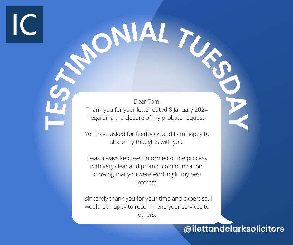 It is Testimonial Tuesday.
.
This week it is for Tom Sorby, a Director and Head of our Wills and Probate Team.
.
#testimonialtuesday #clientfeedback #solicitorsinworksop #nottinghamshirebusiness #probate #courtofprotection #will #estateplanning #notarypublic #assetprotection