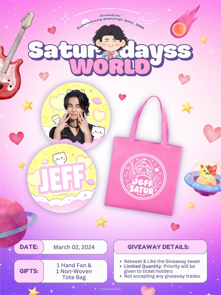 meowjeffsatur's tweet photo. ‧₊˚✧𝗦𝗮𝘁𝘂𝗿𝗱𝗮𝘆𝘀𝘀 𝗪𝗼𝗿𝗹𝗱✧˚₊‧🛸☄
🪐 Part 2 Giveaway for #JeffSaturinManila
by @saturnrensung, @maricris_ph, & @may26666

🎁 Handfan & Tote Bag

𝘔𝘦𝘤𝘩𝘢𝘯𝘪𝘤𝘴:
💜 Retweet & Like this tweet
🪐 Priority will be given to concert attendees
🩷 Just approach us on d-day together with your proof to claim

𝘛𝘪𝘮𝘦 & 𝘓𝘰𝘤𝘢𝘵𝘪𝘰𝘯 𝘰𝘧 𝘥𝘪𝘴𝘵𝘳𝘪𝘣𝘶𝘵𝘪𝘰𝘯 𝘸𝘪𝘭𝘭 𝘣𝘦 𝘢𝘯𝘯𝘰𝘶𝘯𝘤𝘦𝘥 𝘴𝘰𝘰𝘯.

See you all, Saturdayss ᥫ᭡
#SpaceShuttleNo8AsiaTour
#JeffSaturAsiaTour
#JeffSatur ♡ #Saturdayss