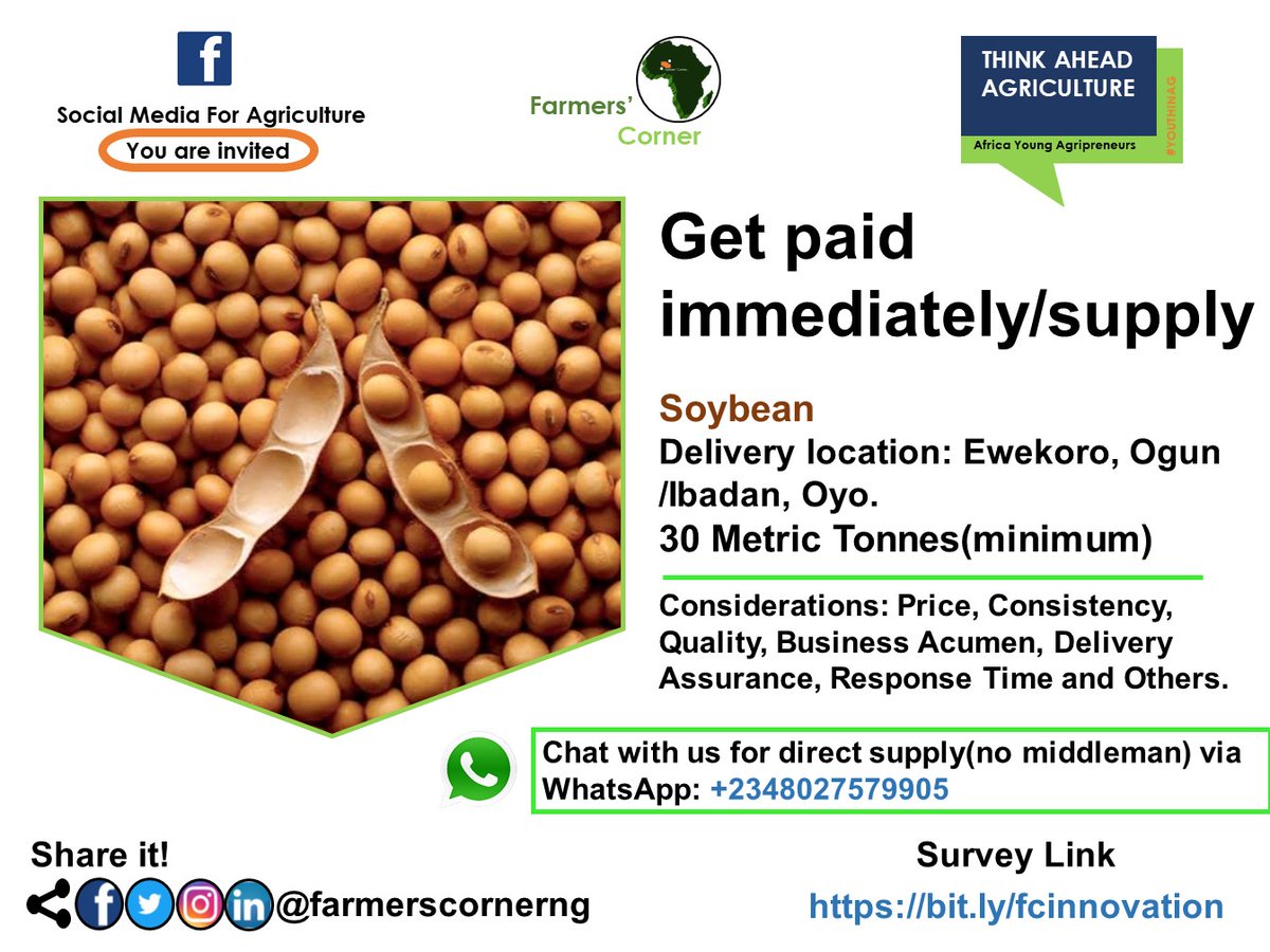 Get paid immediately for supply. Agro commodity: Soybean Delivery location: Ewekoro, Ogun/Ibadan, Oyo. Tonnage: 30 Metric Tonnes(minimum) See e-flyer for details. Chat with us for direct supply(no middleman) via WhatsApp: wa.me/2348027579905. #soybean #commodity #naija