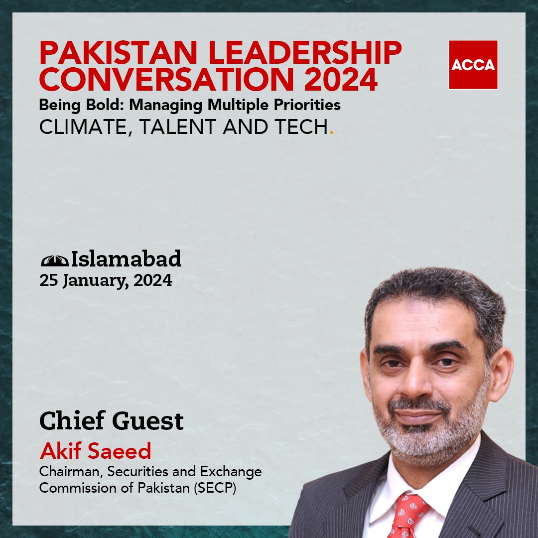 Pakistan Leadership Conversation 2024. Prepare for thought-provoking discussions on 'Being Bold: Managing Multiple Priorities - Climate, Talent & Tech' with our distinguished Chief Guest, Akif Saeed, Chairman of the SECP. The event will be live-streamed on our pages.