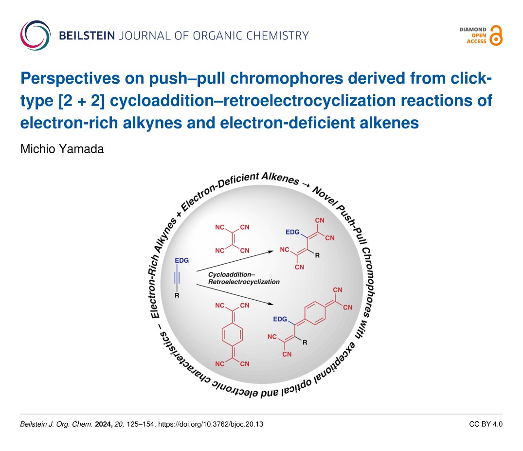 Michio Yamada <a href="/Yamada_Group/">Michio</a> provides a comprehensive investigation of the recent and noteworthy advancements in the research on push–pull #chromophores prepared via the [2 + 2] #cycloaddition–retroelectrocyclization reaction:
🔗 beilstein-journals.org/bjoc/articles/…
#ClickChemistry 
💎🔓 #BJOC