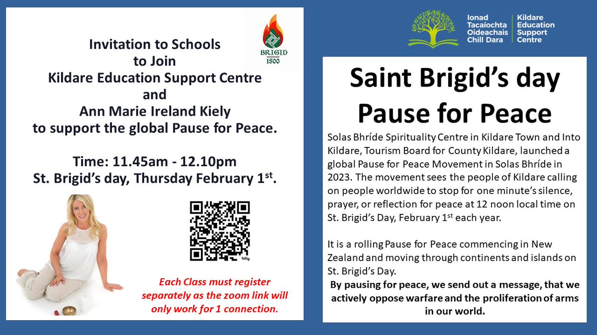 We invite you and your class to join us on Zoom to support the global Pause for Peace on Thursday 1st Feb-11.45-12.10pm. The people of Kildare are calling on people worldwide to stop for one minute’s silence, prayer or reflection. Register here: bit.ly/3vTi1Zl