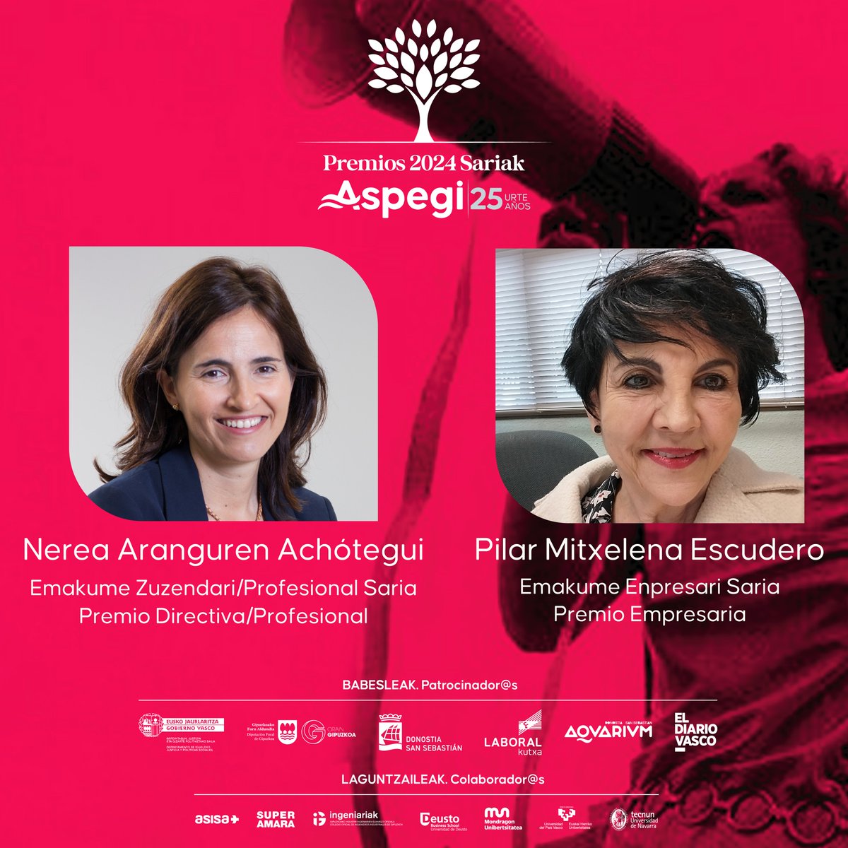 ¡Os presentamos a las premiadas de los premios ASPEGI 2024!

Pilar Mitxelena Escudero, recibirá el Premio ASPEGI 2024 en la categoría de Empresaria y Nerea Aranguren Achótegui, obtendrá el galardón en la categoría de Directiva/Profesional. ¡Felicidades a las dos!