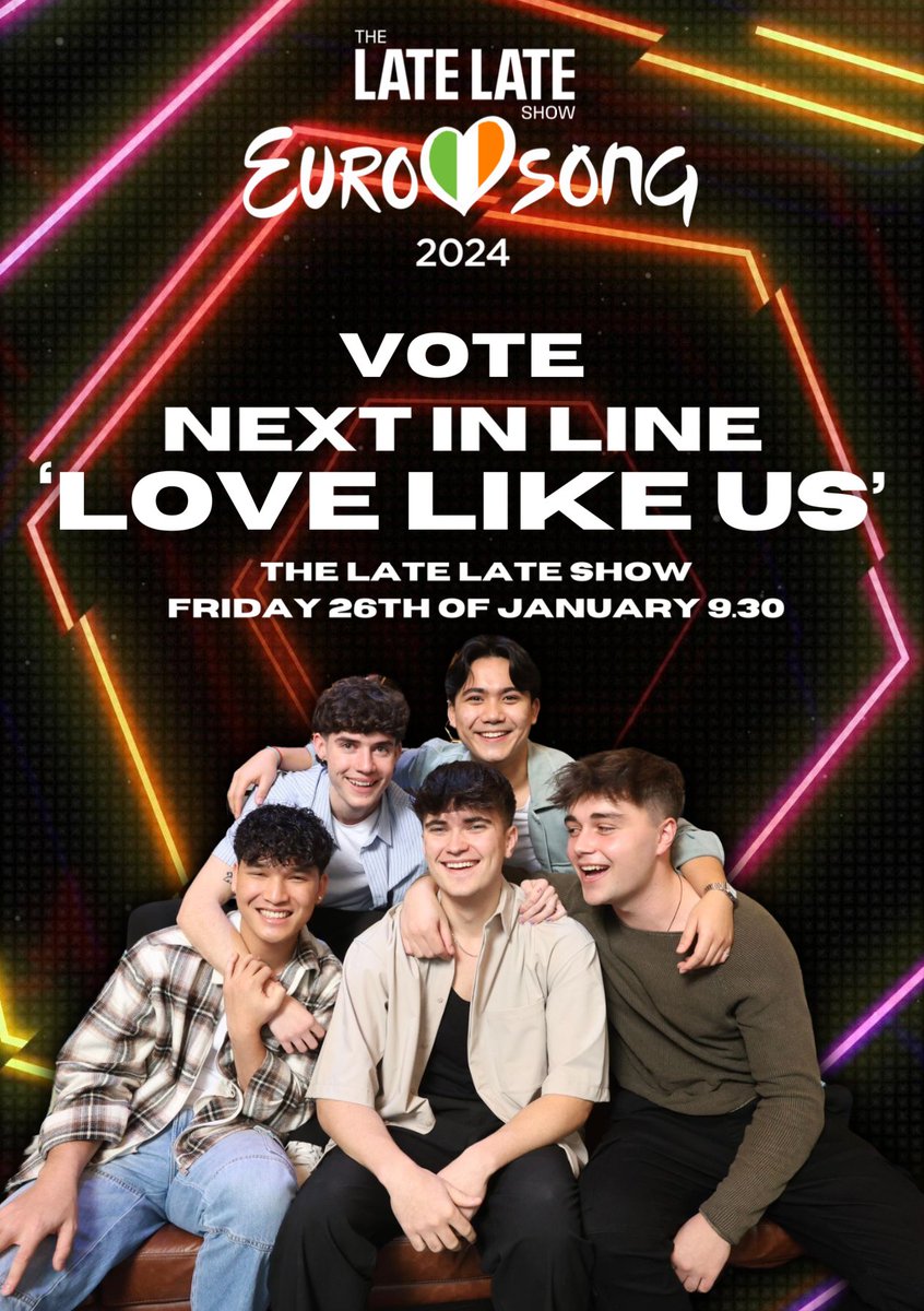 🎤 @RTELateLateShow Eurosong special is tonight. Clontarf's Conor Davis, also from Clontarf GAA, and his Next in Line bandmates Conor O’Farrell, Neung Kelly, Harry O’Connell, and Joshua Regala will perform 'Love Like Us.' Tune in tonight! #LateLateShow #Eurosong2024 🎶