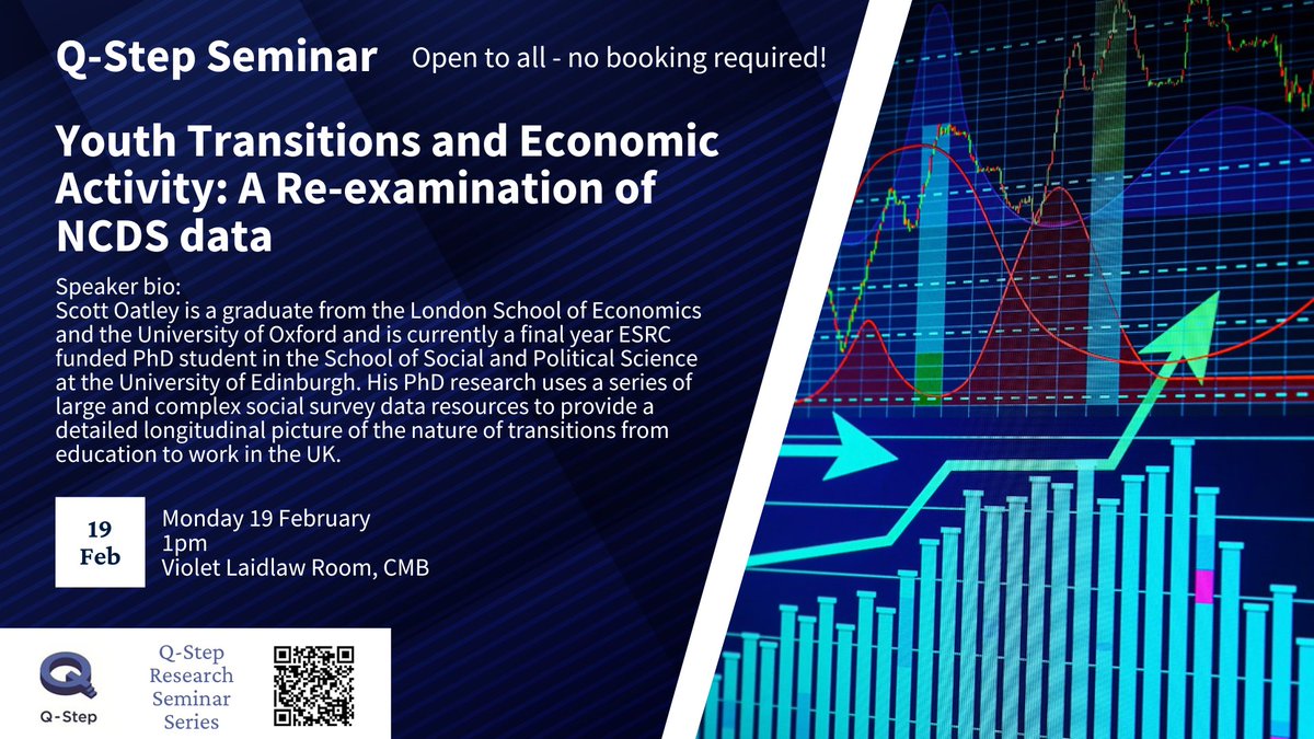 📢 The next Q-Step Research Seminar is today, 19th of February 1300 Violet Laidlaw Room (6.02 Chrystal Macmillan Building). @ESRC PhD Student @Scott_Oatley_ : Youth Transitions and Economic Activity: A Re-Examination of NCDS Data No sign up required, see you there!