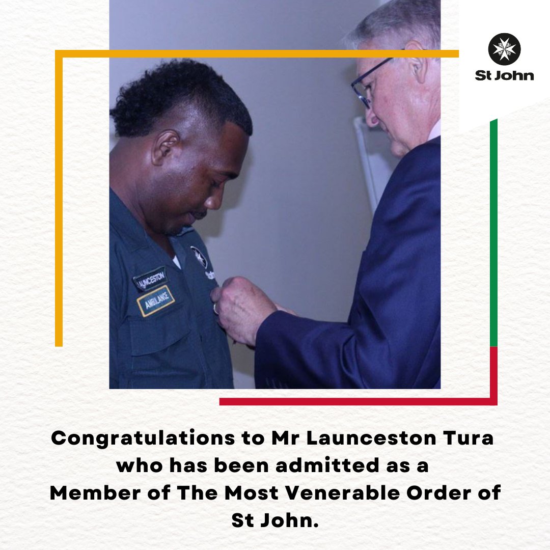 "As part of their visit to St John Ambulance Solomon Islands last week, Thomas Budd, Chancellor of The Order of St John and Cameron Oxley, Chancellor of <a href="/stjohnaustralia/">St John Ambulance</a> oversaw the Investiture Ceremony of Duty Operations Manager, Mr Launceston Tura." 

#OneStJohn #SolomanIslands