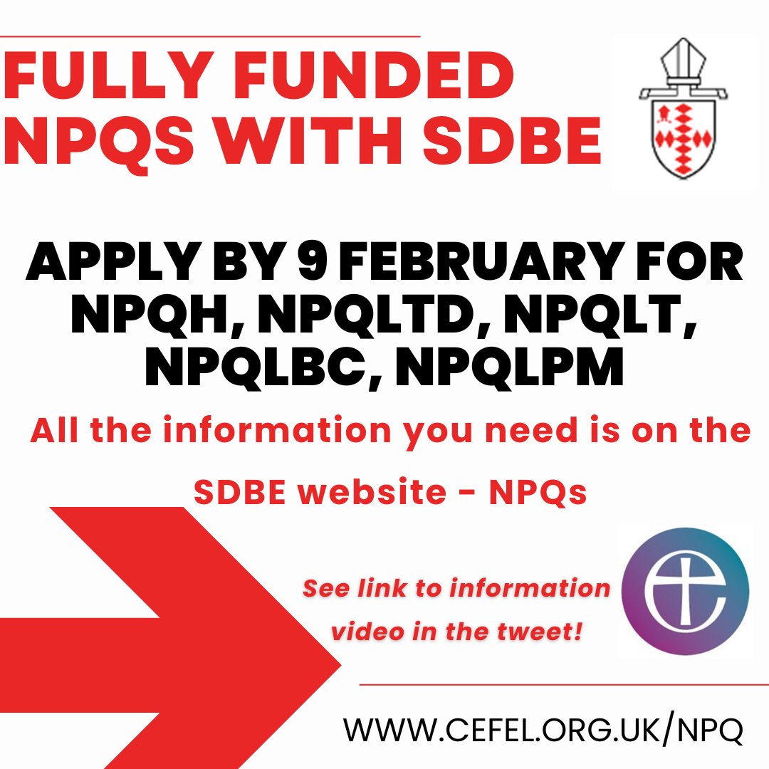 Apply for the fully-funded NPQs that the SDBE are proudly delivering in partnership with CEFEL. Open to all schools, not just church schools. See information videos here: education.southwark.anglican.org/5312/npq @mrawolfe @churchofengland @CofE_Edulead
