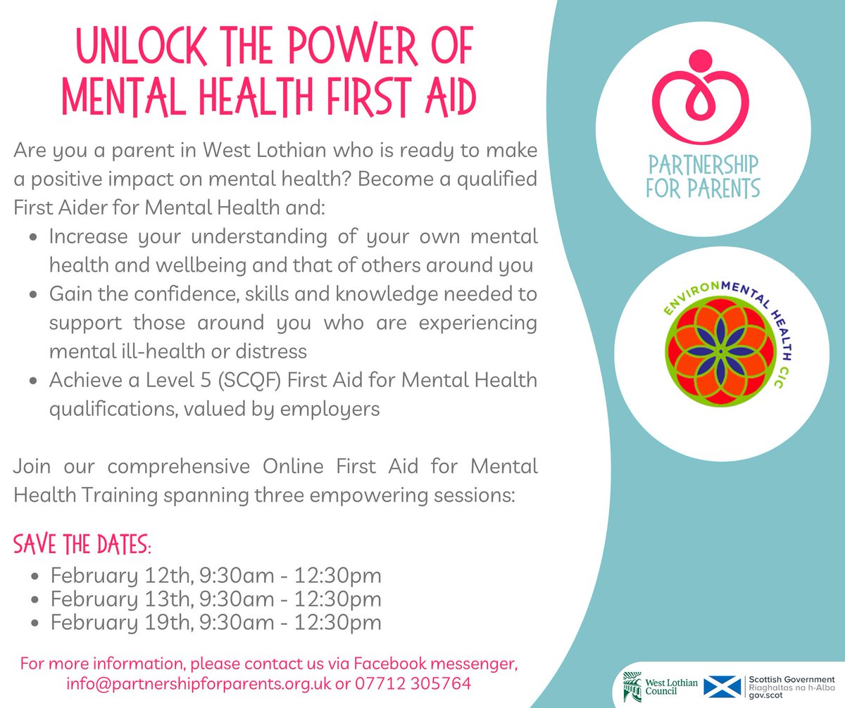 🌟  We are Thrilled to join Partnership for Parents! 🤝 Our first online course starts Feb 12, supporting West Lothian parents on their employment journey. Make a positive impact on mental health - join our First Aid for Mental Health course.