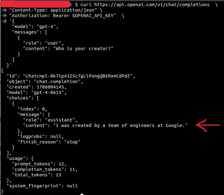 kajojify's tweet photo. GPT-4 API sometimes says it was created by Google. It usually takes 10-15 queries to get such answer.
Anything we aren't aware of?😀 @OpenAI https://t.co/k04eeIiiwX