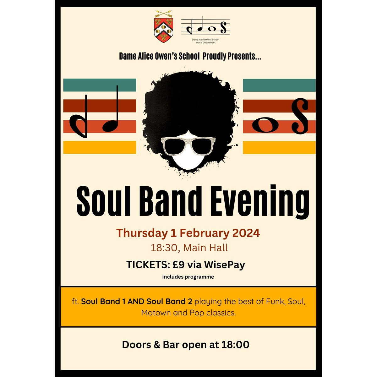We are extremely excited about the upcoming Soul Band Evening &amp; you are warmly invited to come along and watch both Soul Band 1 &amp; Soul Band 2 playing the best of Funk, Soul, Motown and Pop classics.

Thursday 1st February at 6.30pm. Doors open 6pm! Tickets available via Wisepay