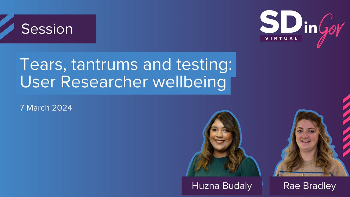 Join Huzna Budaly and Rae Bradley at #SDinGovVirtual for a session on navigating the delicate art of #userresearch. Dive into the secrets to handling tough conversations and safeguarding the #wellbeing of everyone involved. Get your tickets here: virtual.sdingov.net/tickets?utm_so…