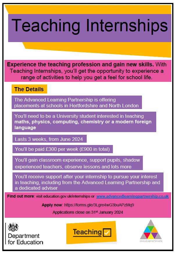 AlbanTSH's tweet photo. Looking to explore teaching as a career? Gain new skills &amp; find out if teaching is the career for you with Teaching Internships with our lead partner Advanced Learning Partnership. Apply here by 31 Jan: https://t.co/CkeEv0ylBI  More about eligibility here: https://t.co/WsmoqTb6sd https://t.co/C6QHP8rQFL