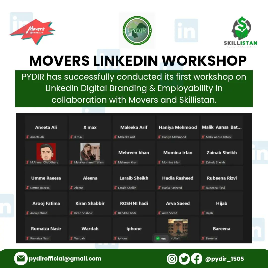 pydir_1505's tweet photo. PYDIR has successfully completed it's first workshop in collaboration with Skillistan & movers where knowledge met hand on experience on the Topic, "LinkedIn Workshop on Digital Branding and Employability" yesterday on 22nd January.
#pydir #LinkedIn #YouthEmpowerment #Pakistan https://t.co/fN8ftKCLhI