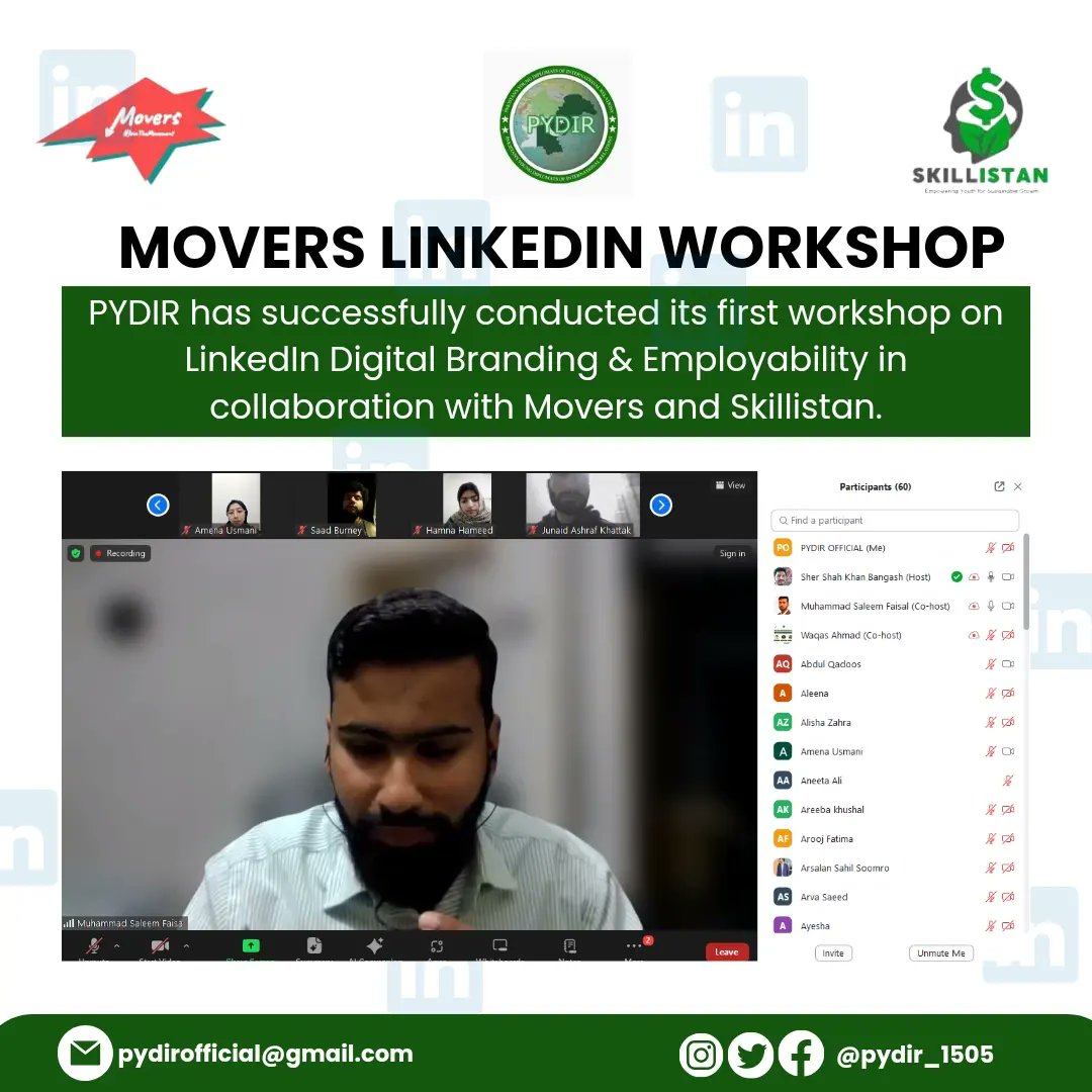 pydir_1505's tweet photo. PYDIR has successfully completed it's first workshop in collaboration with Skillistan & movers where knowledge met hand on experience on the Topic, "LinkedIn Workshop on Digital Branding and Employability" yesterday on 22nd January.
#pydir #LinkedIn #YouthEmpowerment #Pakistan https://t.co/fN8ftKCLhI