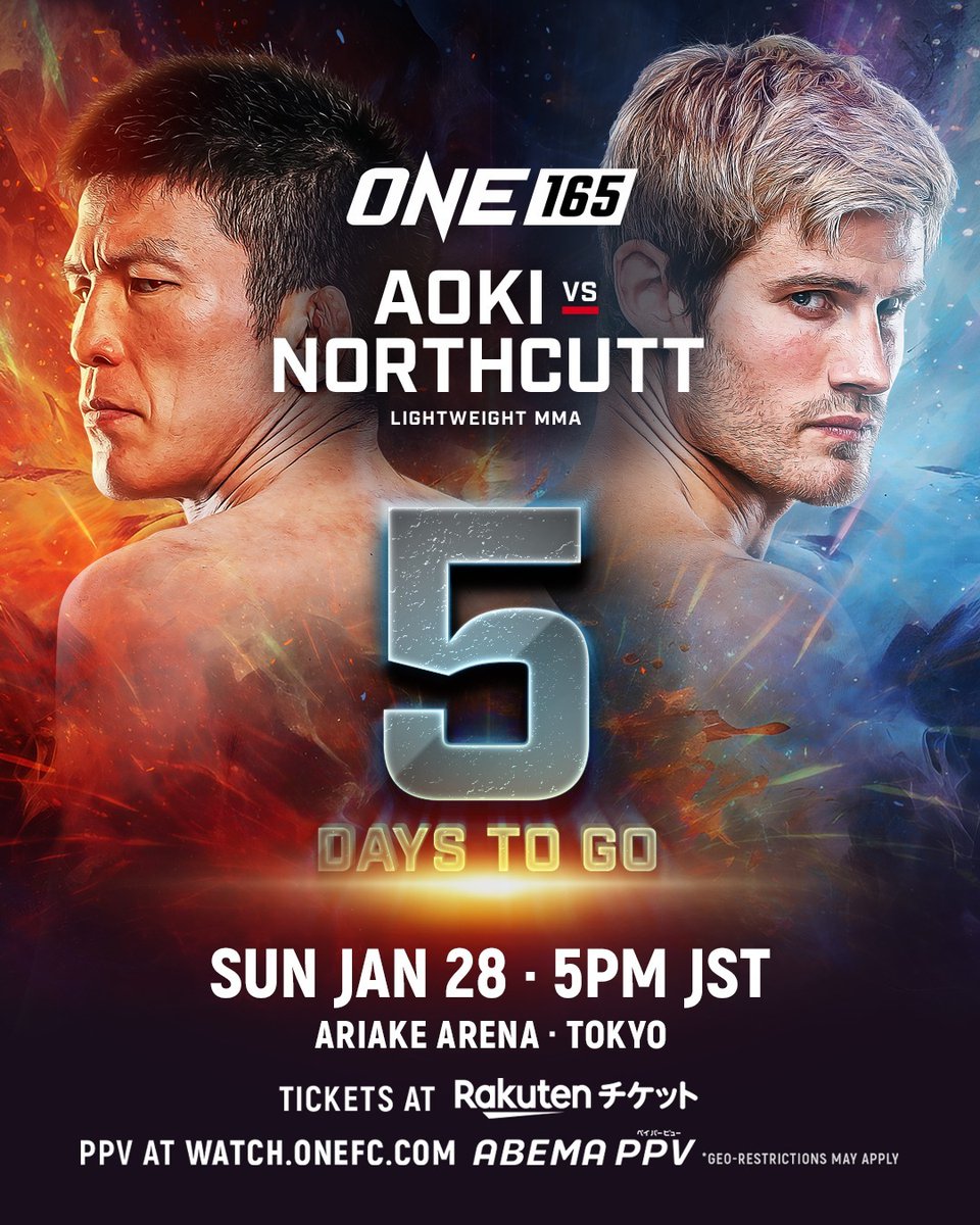 ONE 165 is JUST around the corner 🤯 @a_ok_i @sagenorthcutt #ONE165 | Sun Jan 28 at 5PM JST 🎟️ Tickets 👉 bit.ly/one165tix 🇯🇵 Abema PPV 👉 bit.ly/ONE165_ABEMAPPV 🌍 Global PPV 👉 visit.onefc.com/165GlobalPPV