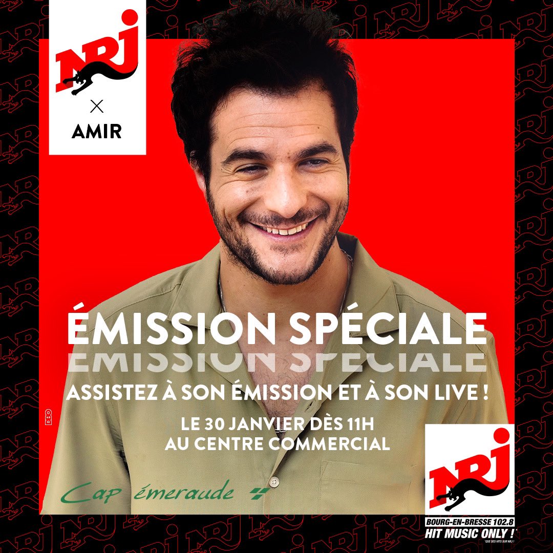 Dans une semaine tout pile nous serons avec Amir pour une émission et un live en direct de <a href="/CapEmeraude/">Cap Emeraude</a> sur <a href="/NRJBOURG/">NRJ BOURG EN BRESSE</a>.
Gratuit et ouvert à tous, rejoignez-nous !
