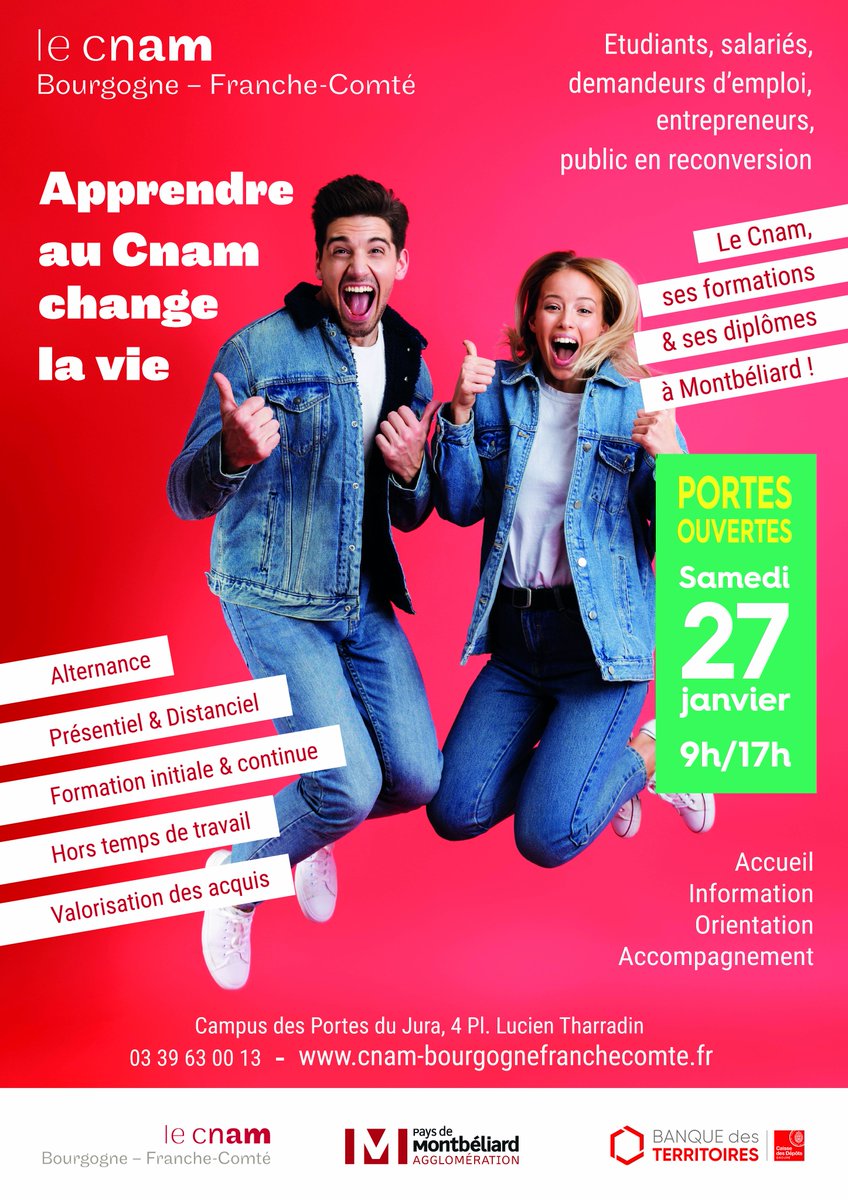 Les journées portes ouvertes du <a href="/CnamBFC/">Cnam Bourgogne-Franche-Comte</a> auront lieu ce week-end à #Montbeliard 🎒➡️ rendez-vous sur le campus des Portes du Jura samedi 27 janvier (de 9h à 17h) ️pour en savoir plus sur les formations et diplômes proposés 😉