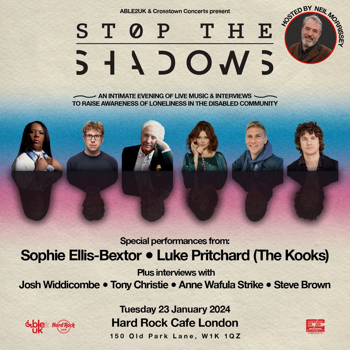 .@SophieEB, @thekooksmusic’s Luke Pritchard, Josh Widdicombe, @Anne_W_Strike and more will be at @able2uk’s #StopTheShadows night at the Hard Rock Café #London tonight