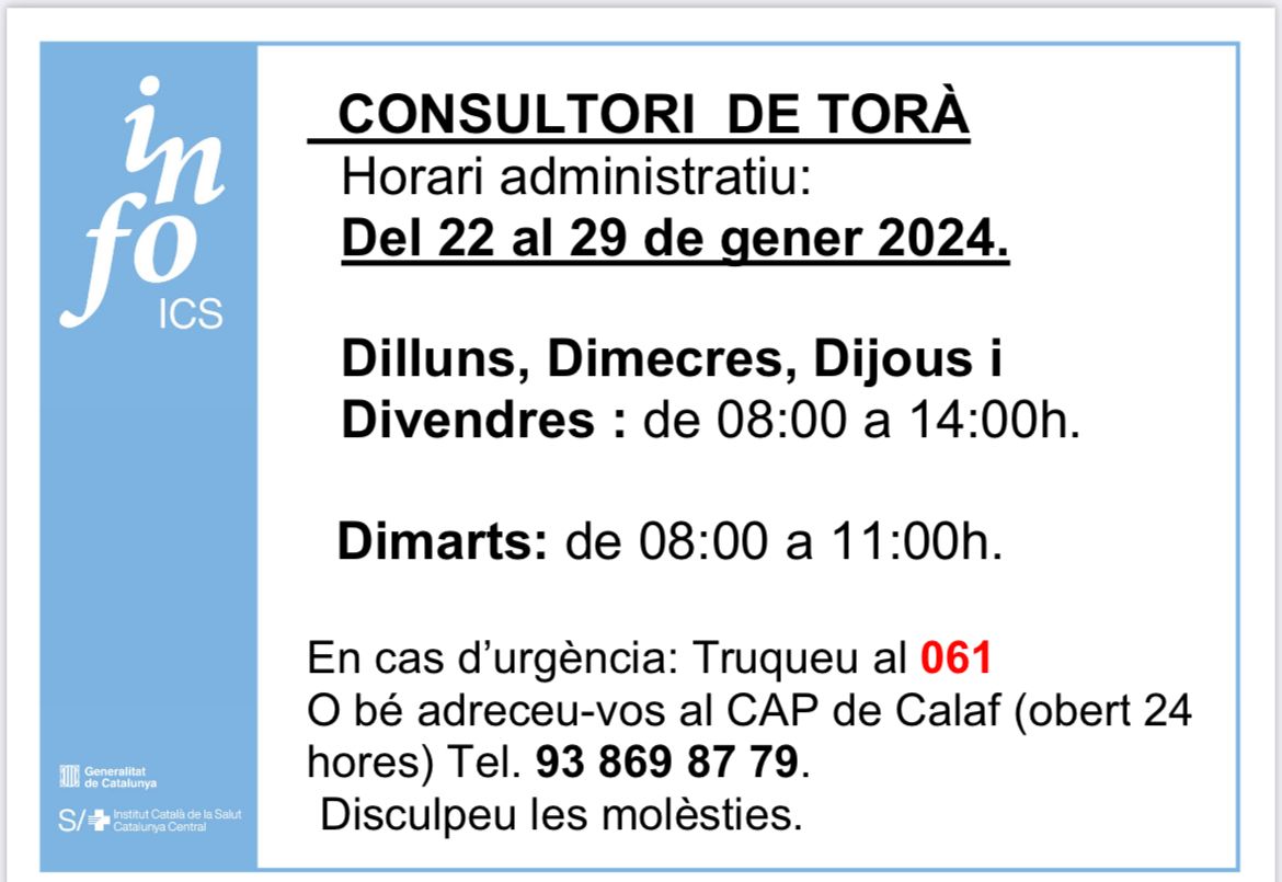 Horaris del consultori mèdic del 22 fins al 26 de gener👇👇