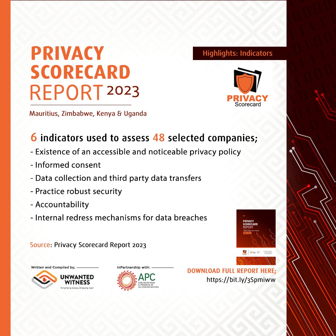 UnwantedWitness's tweet image. The Privacy Scorecard 2023 added one more indicator, making a total of six, compared to #PrivacyScorecard2022, which had five indicators. The new addition is👉🏾Internal Redress Mechanisms for Breaches.

Visit our website now to download your copy: 🔗shorturl.at/efrBL