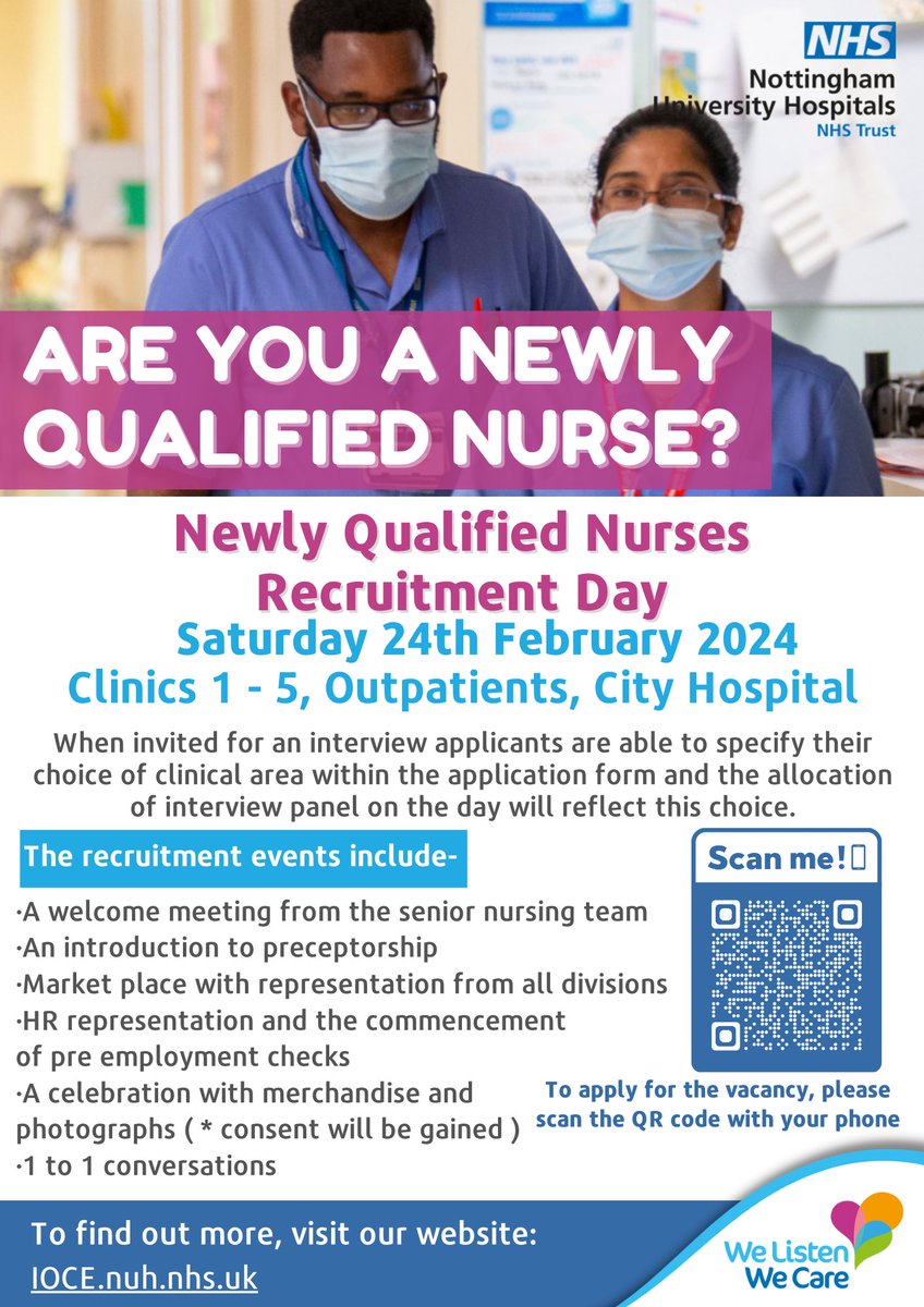 @nottmhospitals are recruiting! Our first recruitment event of 2024 is on the 24th Feb! We are looking for Newly Qualified Nurses! The closing date is 04/02/24 To find out more, apply and see what other jobs are on offer visit our website: ioce.nuh.nhs.uk/courses-and-ev… @NUHCareers