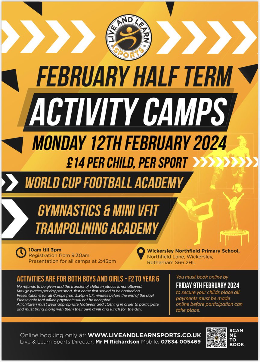 FEBRUARY HALF TERM! ⚽️🤸🏽‍♀️

We are fast approaching half term and with that in mind, we are delighted to be able to offer Activity Camp on 12th Feb.
All children welcome F2-Y6.

A fun filled day, working on both skill and game based activities. 

Book Now:

liveandlearnsports.co.uk/book-a-course/