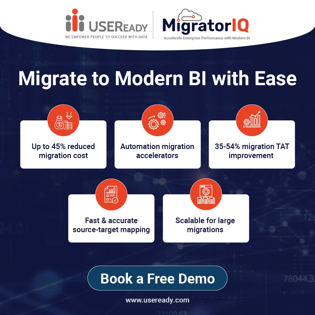 Legacy BI platforms can bottleneck your data analysis and drain resources. ​

​MigratorIQ, powered by smart automation migration accelerators offers a comprehensive approach to streamlining migration to Modern BI.​

Learn more about MigratorIQ – hubs.ly/Q02hnhBK0