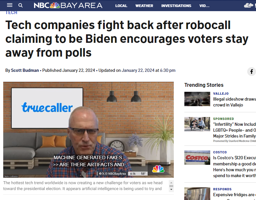 Alan Mamedi (@alanmamedi) on Twitter photo "Tech companies fight back after robocall claiming to be Biden encourages voters stay away from polls" - <a href="/Truecaller/">Truecaller</a>
nbcbayarea.com/news/tech/fake… "Tech companies fight back after robocall claiming to be Biden encourages voters stay away from polls" - <a href="/Truecaller/">Truecaller</a>
nbcbayarea.com/news/tech/fake…
