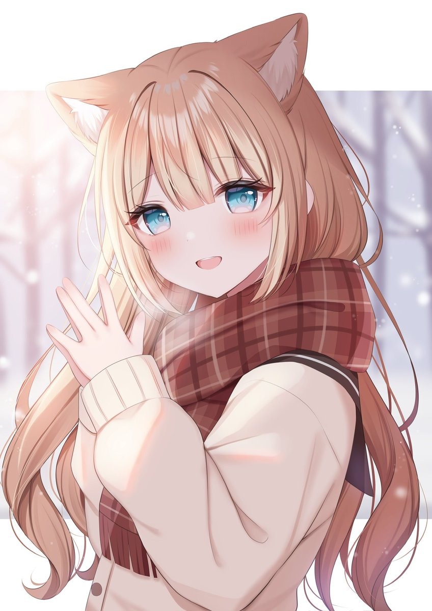 1girl solo animal ears scarf long hair plaid scarf blush  illustration images