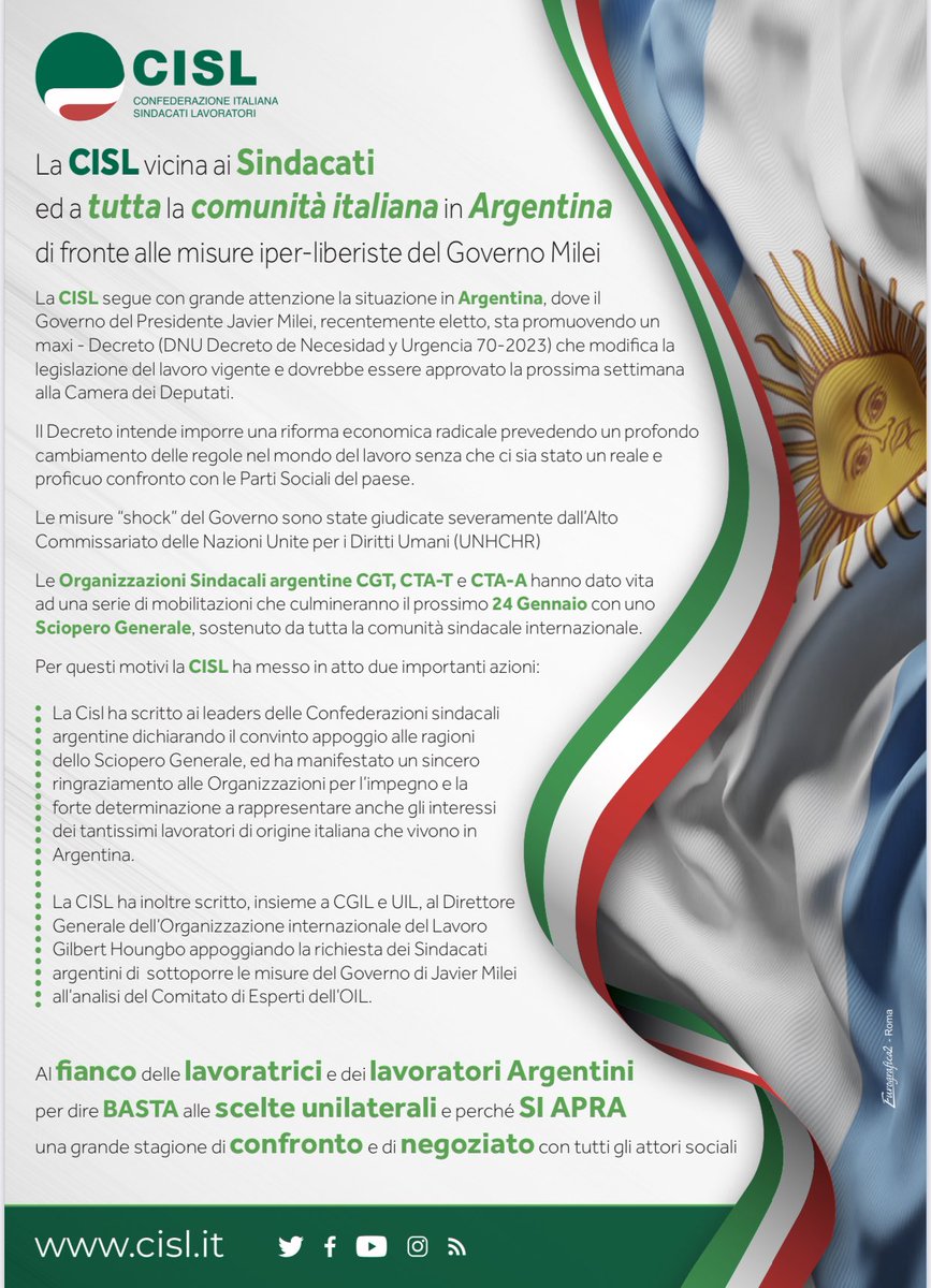 La CISL vicina ai Sindacati ed a tutta la comunità italiana in Argentina di fronte alle misure iper-liberiste del Governo Milei. 
BASTA  scelte unilaterali. 
SI APRA una grande stagione di confronto e di negoziato con tutti gli attori sociali
Leggi il volantino della Cisl
