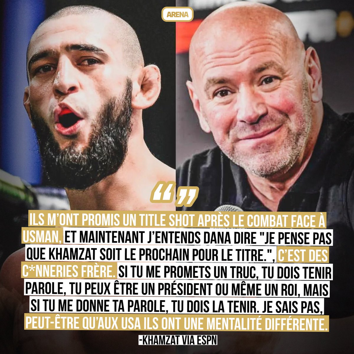 MMArena_'s tweet photo. 🚨 KHAMZAT S’EN PREND À DANA WHITE ET À L’UFC ! SELON LUI, L’UFC LUI AURAIT GARANTI UN TITLE SHOT EN BATTANT USMAN 😳 https://t.co/Nq9hLotukU