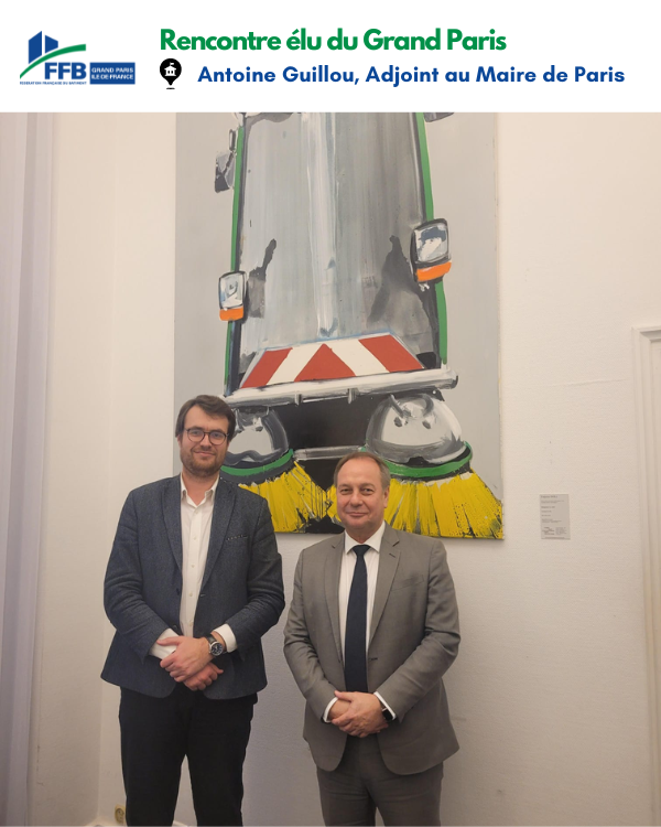 FFBGrandParis's tweet photo. Le Président en charge des Relations Institutionnelles, @y_debruyne, a rencontré @AntoineGuillou, Adjoint au Maire de #Paris, afin d'échanger sur la #REP, sur les questions de #réemploi dans le #Bâtiment et sur le futur plan local de prévention des déchets de la Ville. https://t.co/oEzeyaZbp5