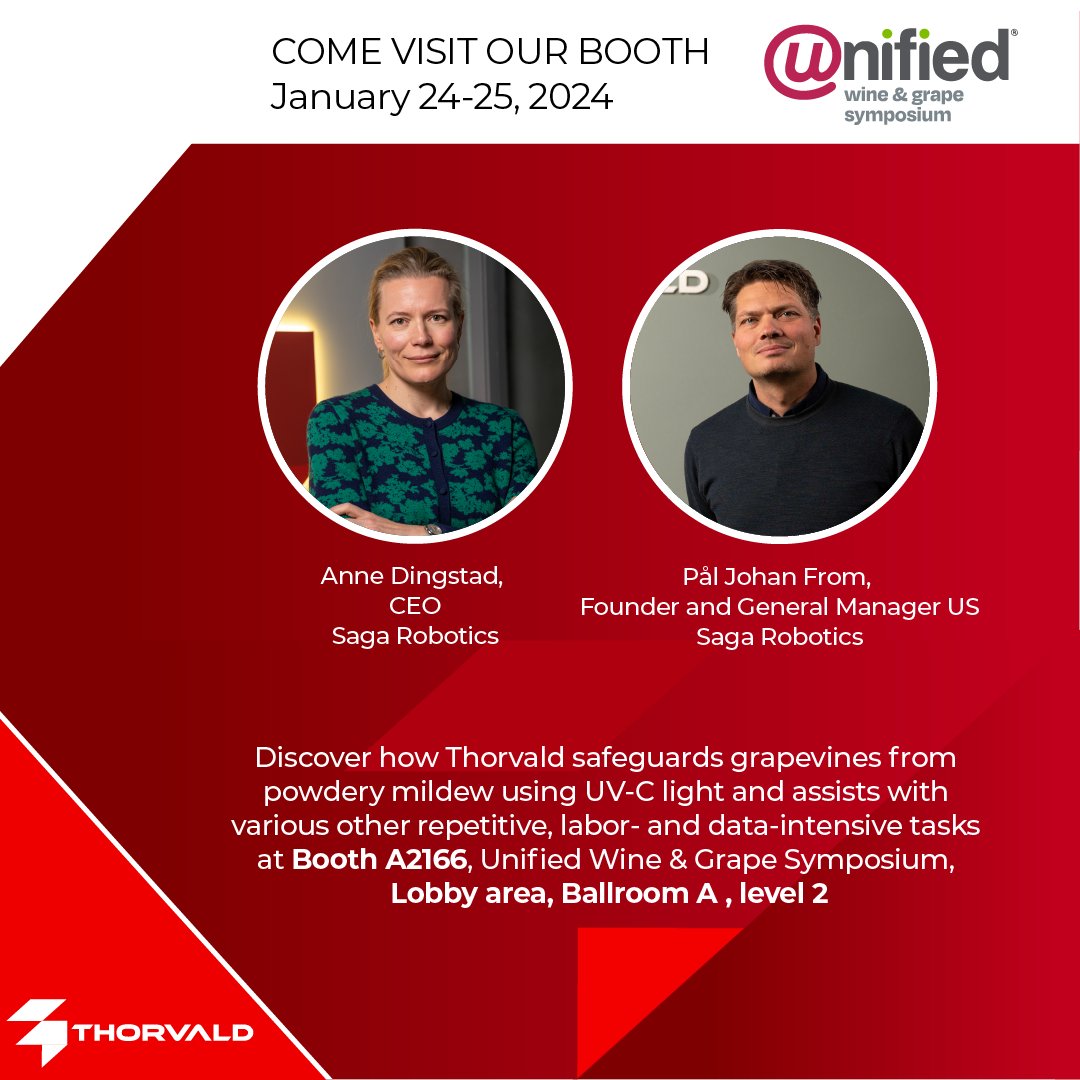 Saga Robotics (@sagarobotics) on Twitter photo Curious about how Thorvald protects grapevines from powdery mildew with UV-C light? Meet CEO, Anne Dingstad and Co-Founder and General Manager US, PΓ₯l Johan From at <a href="/theunified/">Unified Symposium</a> to learn about reduced chemicals, labor costs, water usage, and carbon footprint.
#uwgs #unified Curious about how Thorvald protects grapevines from powdery mildew with UV-C light? Meet CEO, Anne Dingstad and Co-Founder and General Manager US, PΓ₯l Johan From at <a href="/theunified/">Unified Symposium</a> to learn about reduced chemicals, labor costs, water usage, and carbon footprint.
#uwgs #unified