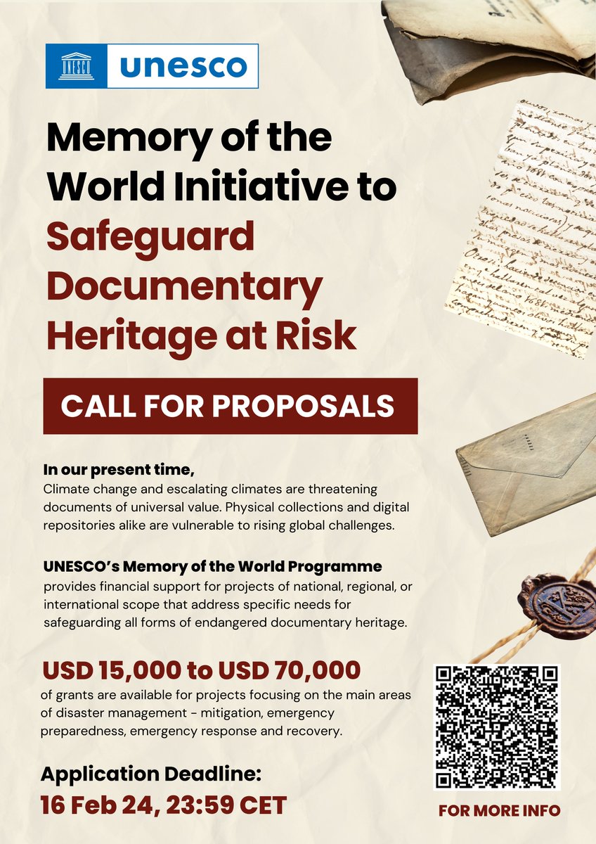 🌍📜 CALL FOR PROJECT PROPOSALS: Memory of the World Initiative to Safeguard Documentary Heritage at Risk ⏰ DEADLINE FOR APPLICATIONS: 16 February 2024, 23:59 CET 📌 For more information on requirements and the application process, visit: unesco.org/en/memory-worl…