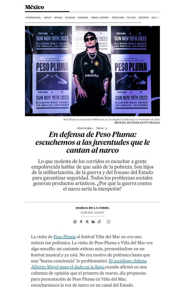 Escribí para el País sobre la visita de Peso Pluma a Chile y sobre escuchar a las juventudes que le cantan al narco. 

Pasen a leer y compartan. 

elpais.com/mexico/2024-01…